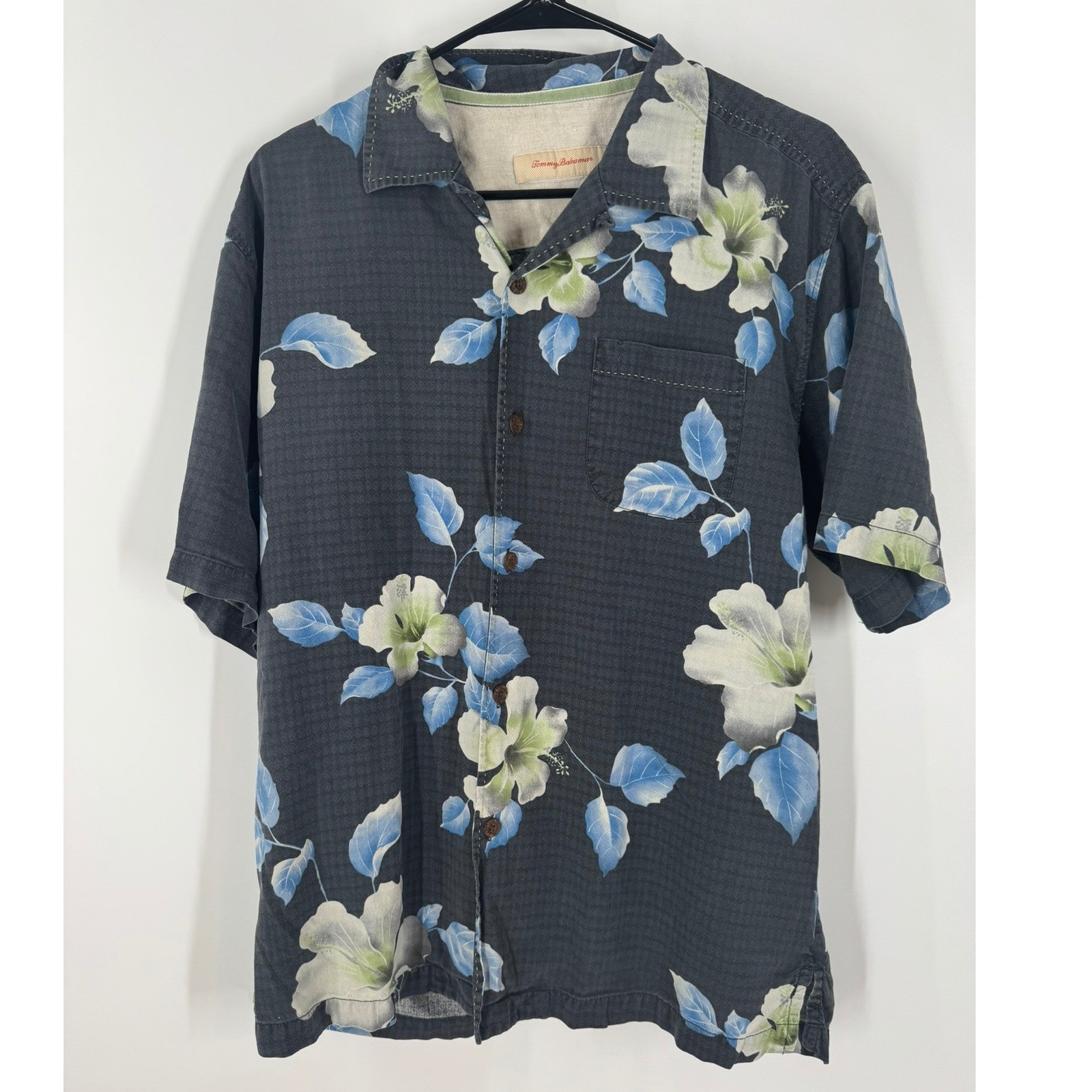 Tommy Bahama Mens Silk Floral Jacquard Short Sleeve Button Up Shirt Gray Blue M